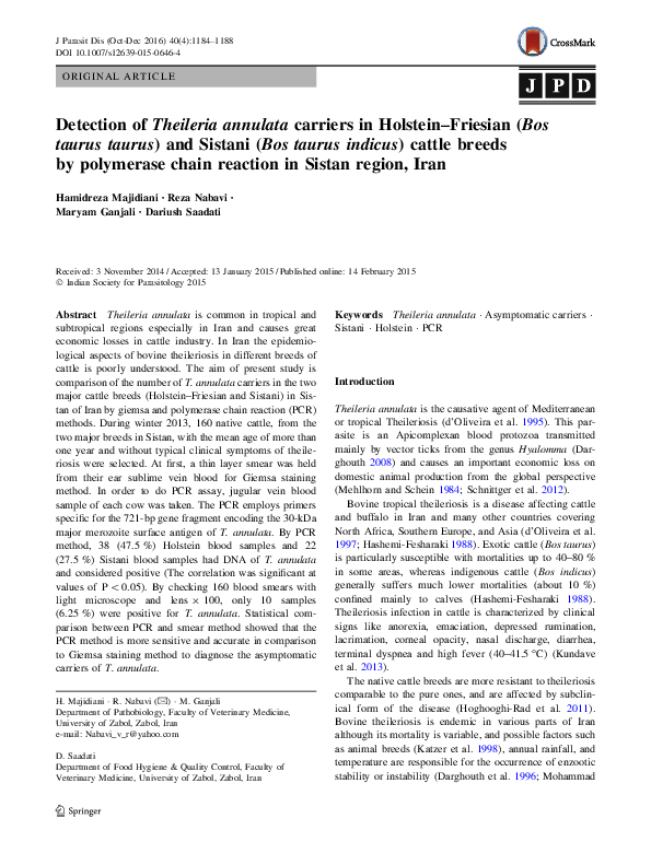 (PDF) Detection of Theileria annulata carriers in Holstein–Friesian ...