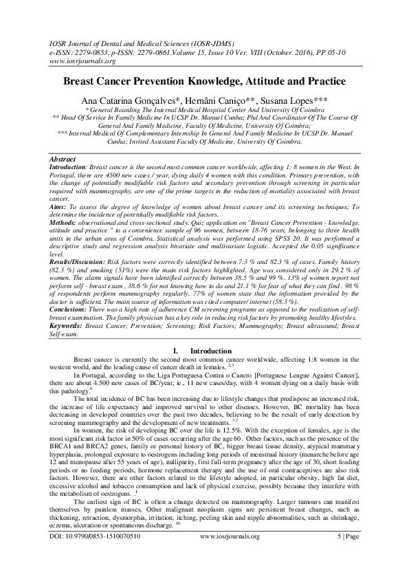 (PDF) Breast Cancer Prevention Knowledge, Attitude and Practice
