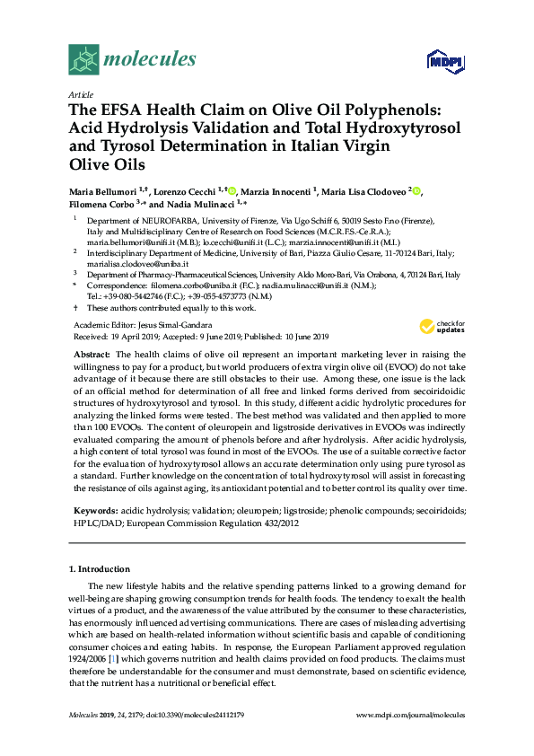 (PDF) The EFSA Health Claim on Olive Oil Polyphenols Acid Hydrolysis Validation and Total