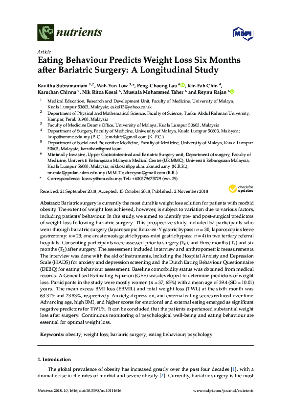 (PDF) Eating Behaviour Predicts Weight Loss Six Months after Bariatric ...