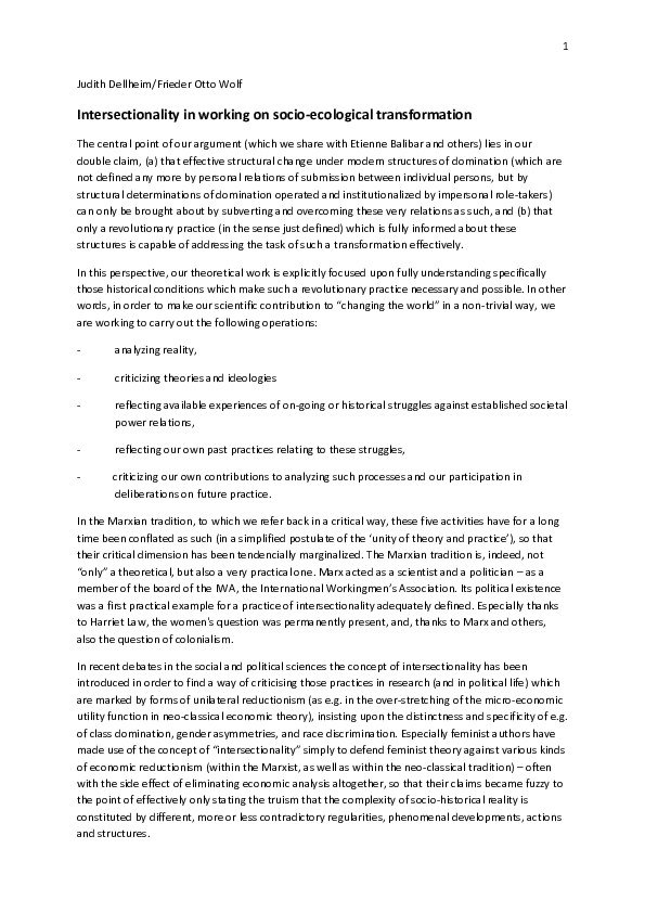 (PDF) Intersectionality in working on socio-ecological transformation