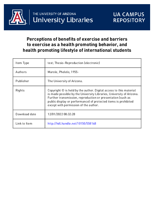 (PDF) Perceptions of benefits of exercise and barriers to exercise as a ...