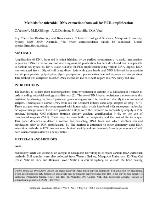 (PDF) Methods for microbial DNA extraction from soil for PCR amplification