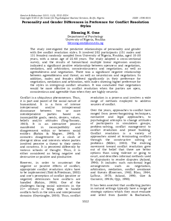 (PDF) Personality and Gender Differences in Preference for Conflict ...