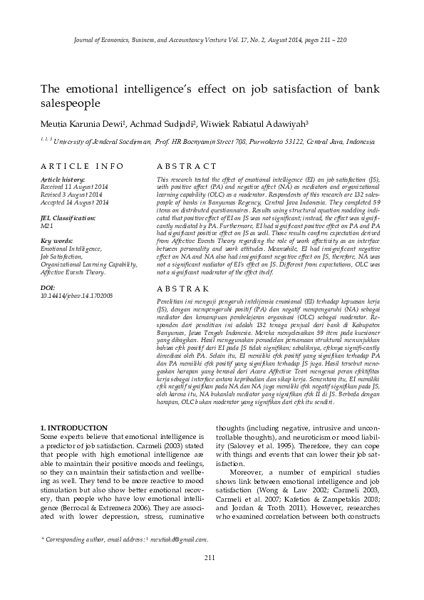 (PDF) The emotional intelligence’s effect on job satisfaction of bank ...