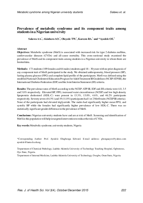 (PDF) Prevalence of metabolic syndrome and its component traits among ...