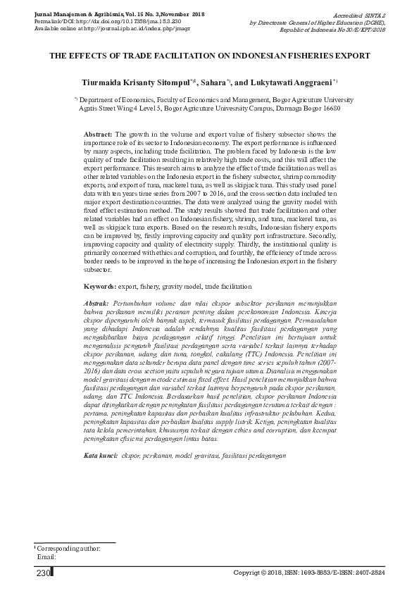 (PDF) The Effects of Trade Facilitation on Indonesian Fisheries Export