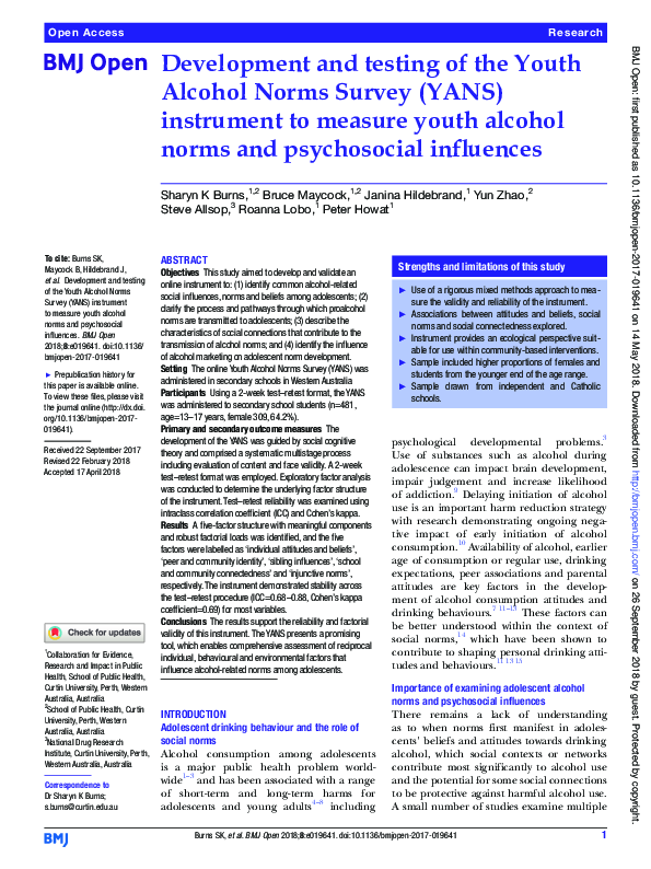 (PDF) Development and testing of the Youth Alcohol Norms Survey (YANS ...