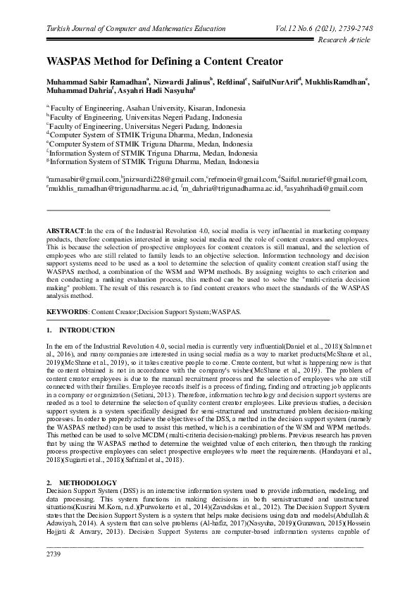(PDF) WASPAS Method for Defining a Content Creator