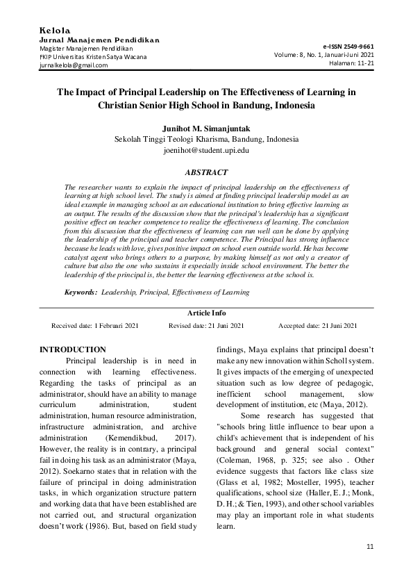 (PDF) The Impact of Principal Leadership on The Effectiveness of ...