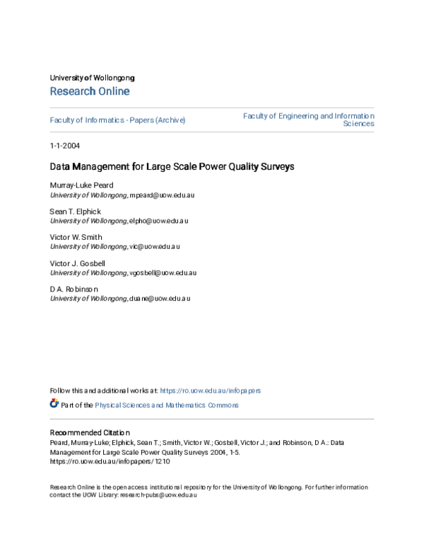 (PDF) Data Management for Large Scale Power Quality Surveys Sean