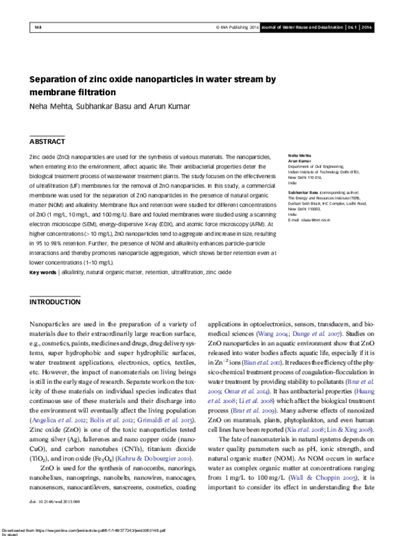 (PDF) Separation of zinc oxide nanoparticles in water stream by ...