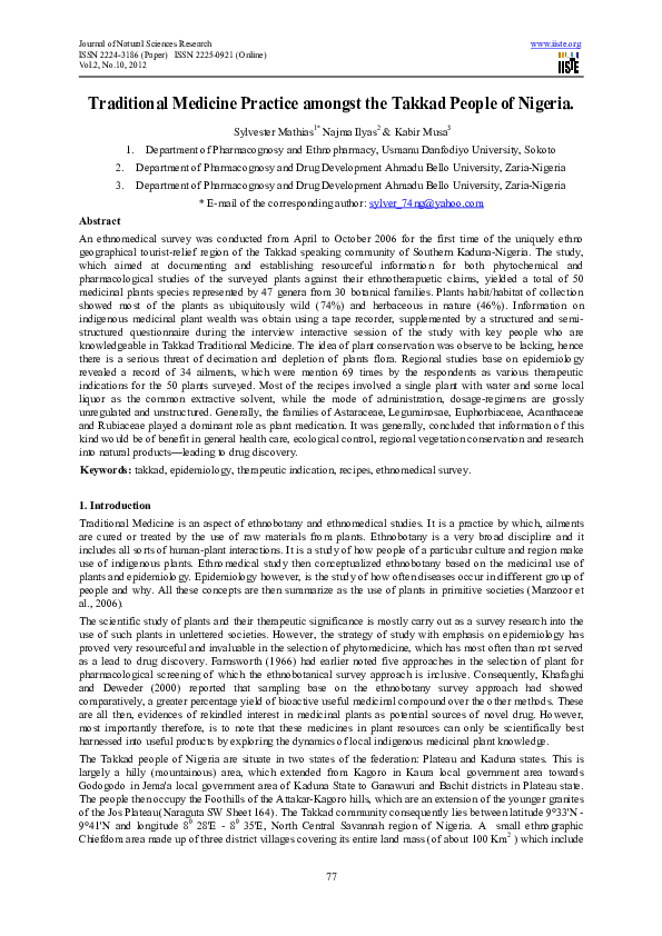 (PDF) Traditional Medicine Practice amongst the Takkad People of Nigeria