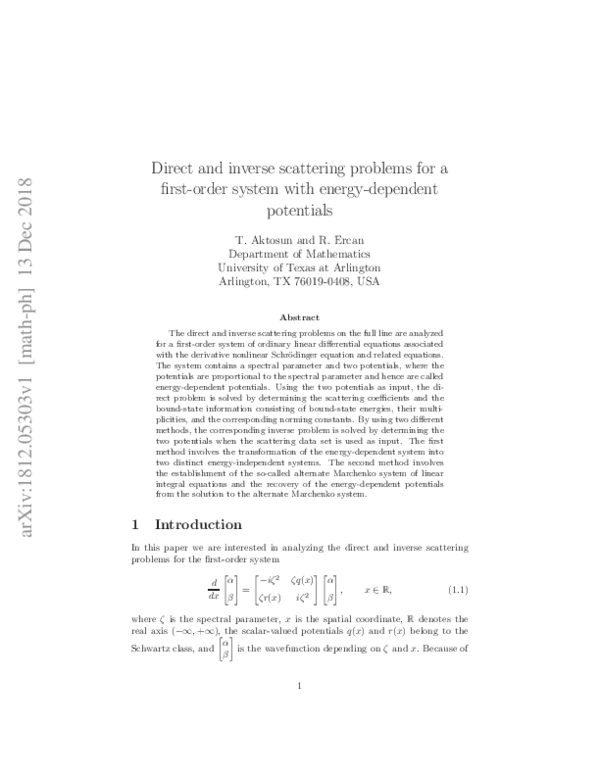 (PDF) Direct and inverse scattering problems for a first-order system ...