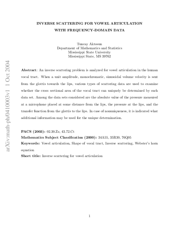(PDF) Inverse scattering for vowel articulation with frequency-domain data