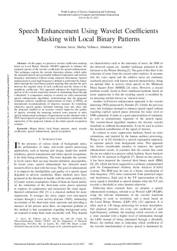 (PDF) Speech Enhancement Using Wavelet Coefficients Masking with Local ...