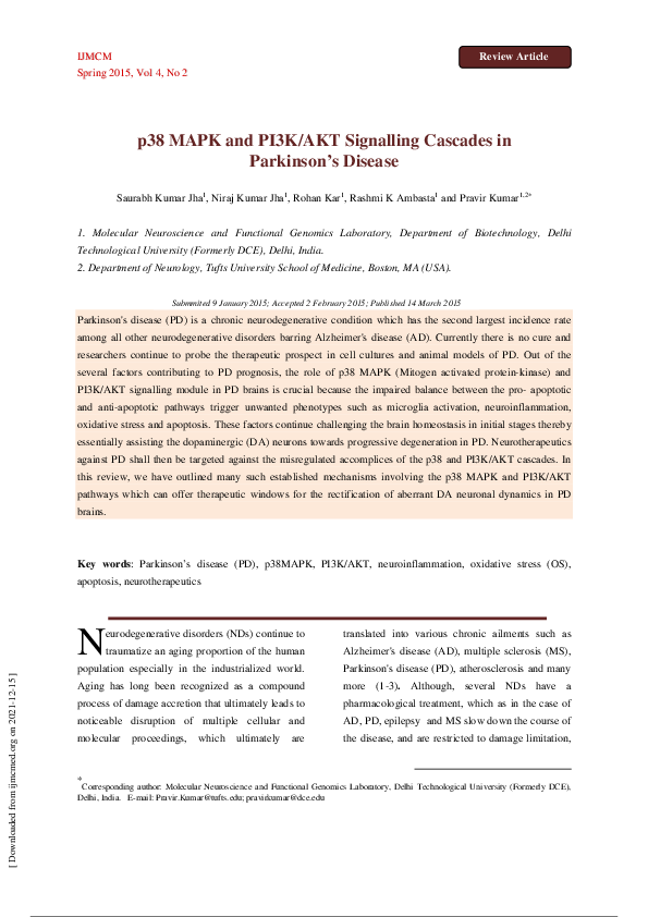 (PDF) p38 MAPK and PI3K/AKT Signalling Cascades inParkinson’s Disease