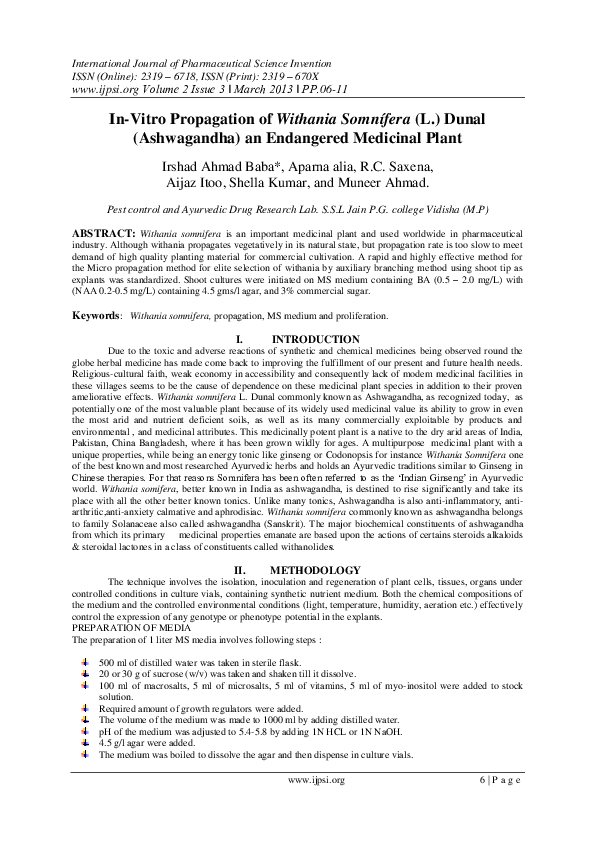 (PDF) In Vitro Propagation of Withania somnifera (L.) Dunal