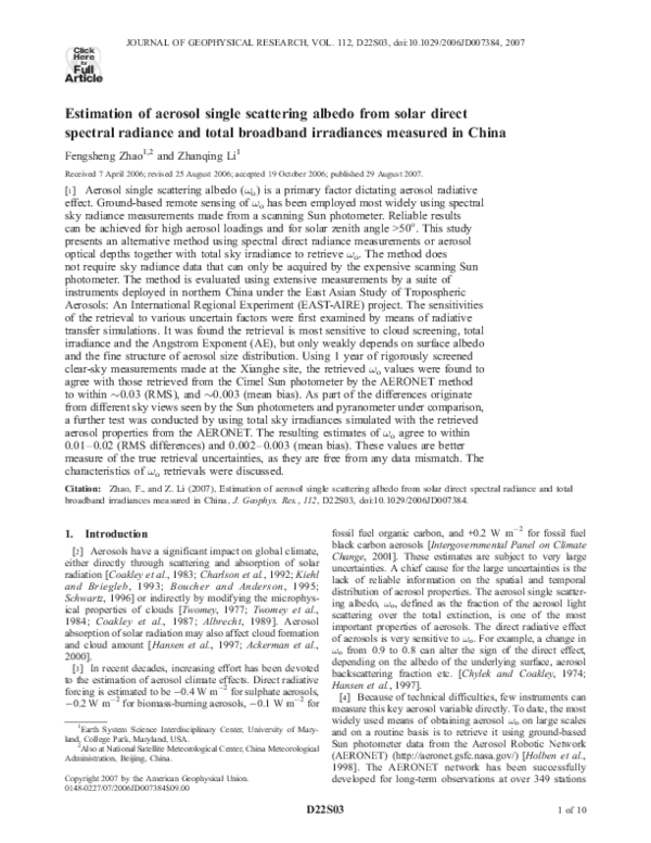 (PDF) Estimation of aerosol single scattering albedo from solar direct ...