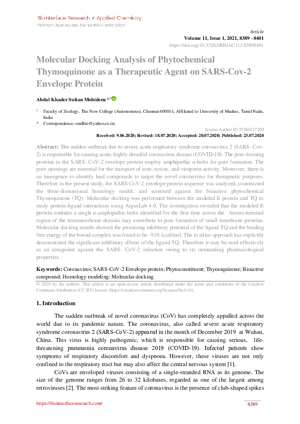 (PDF) Molecular Docking Analysis of Phytochemical Thymoquinone as a ...