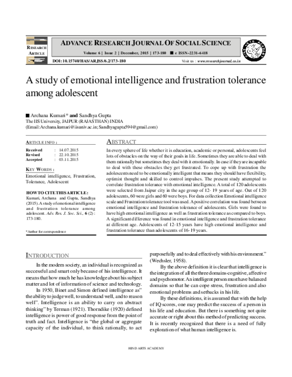 (PDF) A study of emotional intelligence and frustration tolerance among ...