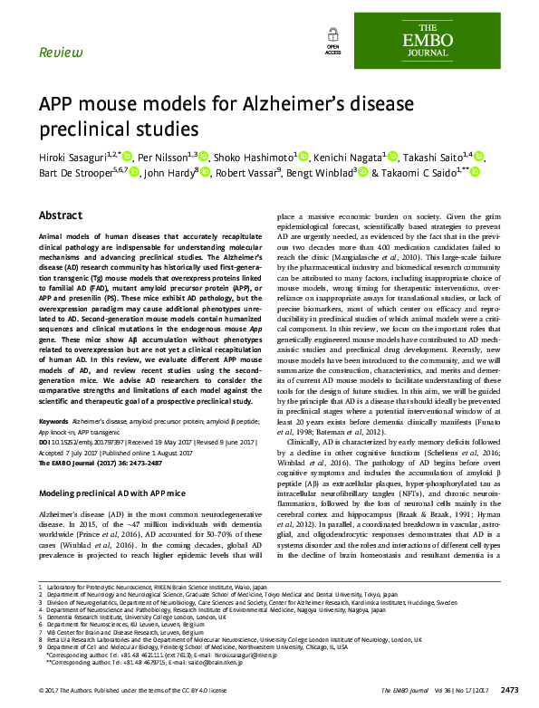 (PDF) APP mouse models for Alzheimer's disease preclinical studies