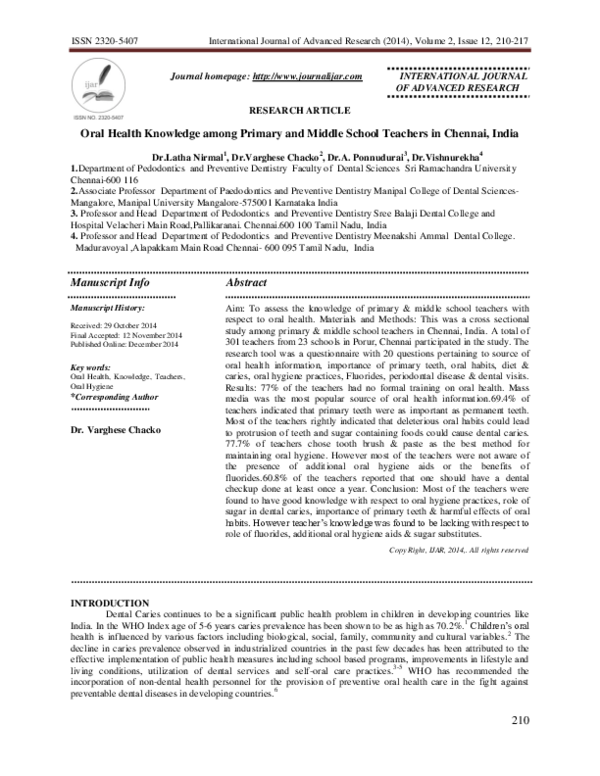 (PDF) Oral Health Knowledge among Primary and Middle School Teachers in ...
