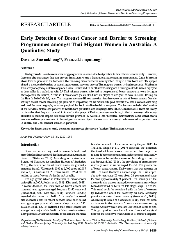 (PDF) Early Detection of Breast Cancer and Barrier to Screening ...