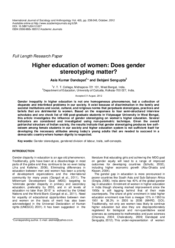 (PDF) Higher education of women: Does gender stereotyping matter?