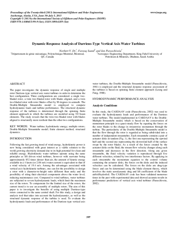(PDF) Dynamic Response Analysis of Darrieus-Type Vertical Axis Water ...