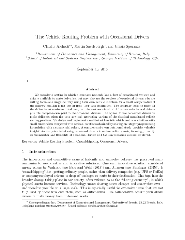 (PDF) The Vehicle Routing Problem with Occasional Drivers Claudia
