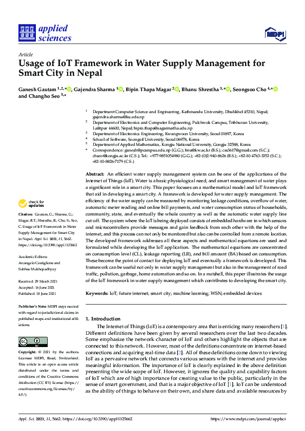 (PDF) Usage of IoT Framework in Water Supply Management for Smart City
