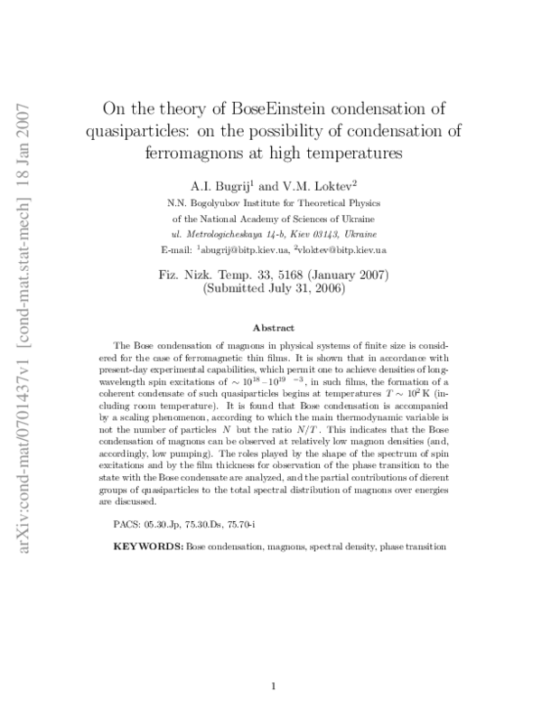 (PDF) Ja n 20 07 On the theory of BoseEinstein condensation of ...