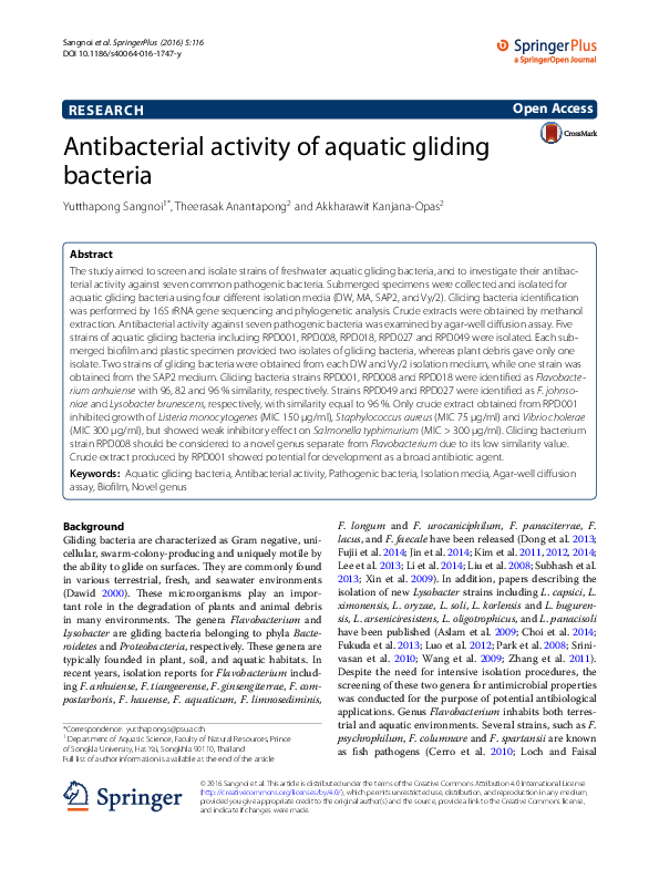 (PDF) Antibacterial activity of aquatic gliding bacteria Teerasak