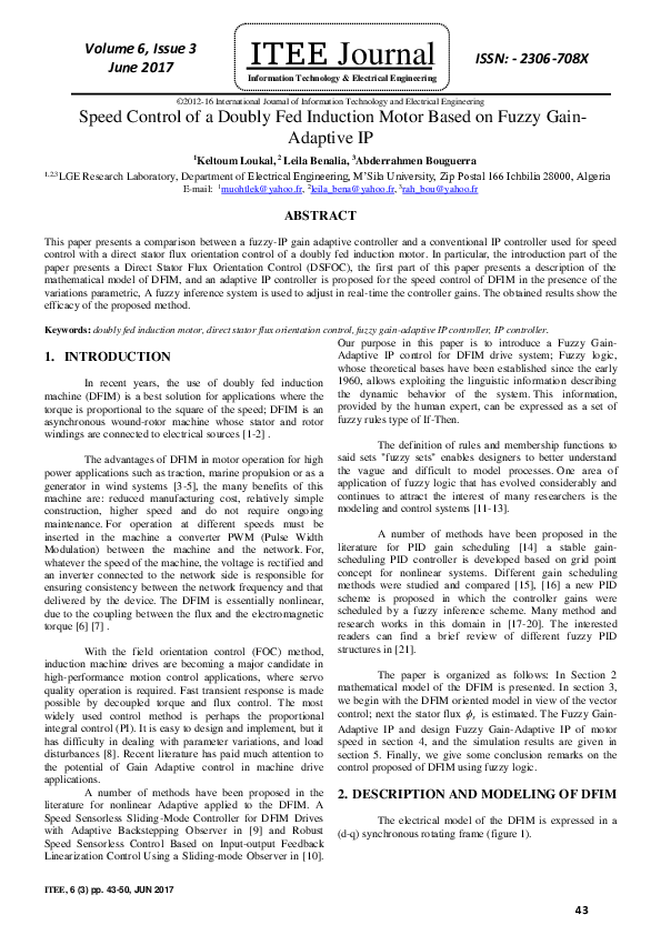 (PDF) Speed Control of a Doubly Fed Induction Motor Based on Fuzzy Gain ...