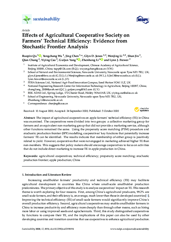 (PDF) Effects of Agricultural Cooperative Society on Farmers’ Technical ...