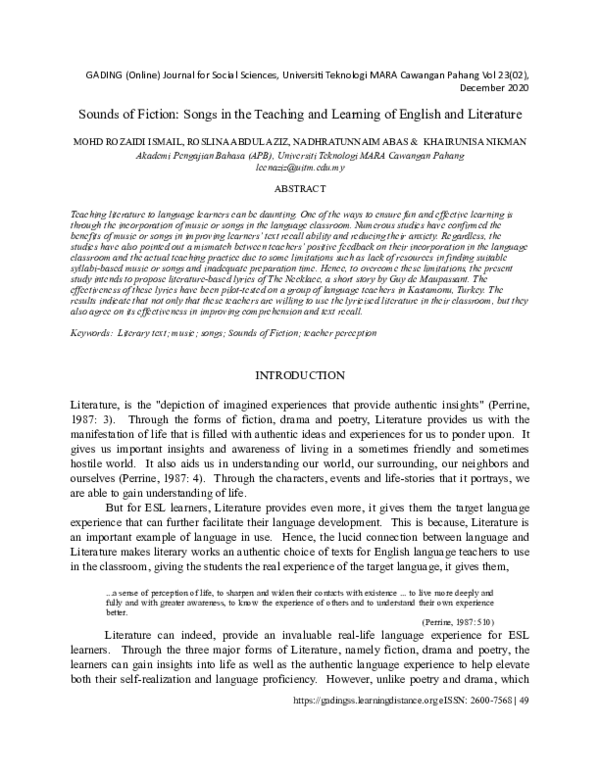 (PDF) Sounds of fiction: Songs in the teaching and learning of English ...