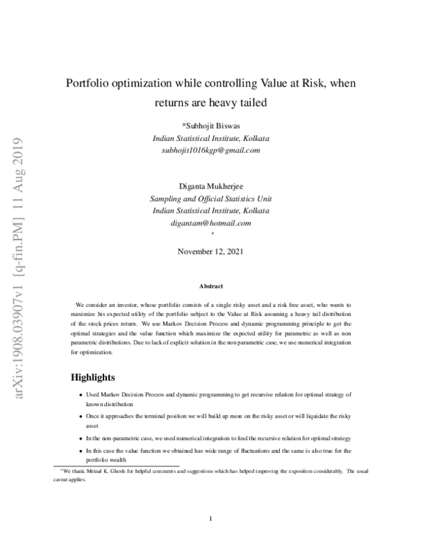 (PDF) Portfolio optimization while controlling Value at Risk, when ...