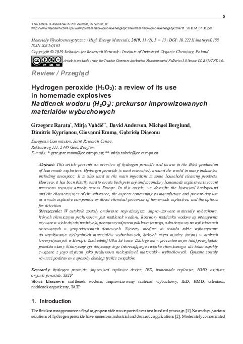 (PDF) Hydrogen peroxide (H2O2): a review of its use in homemade explosives