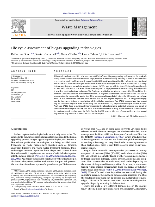 (PDF) Life cycle assessment of biogas upgrading technologies