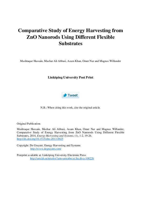 (PDF) Comparative Study of Energy Harvesting from ZnO Nanorods Using ...