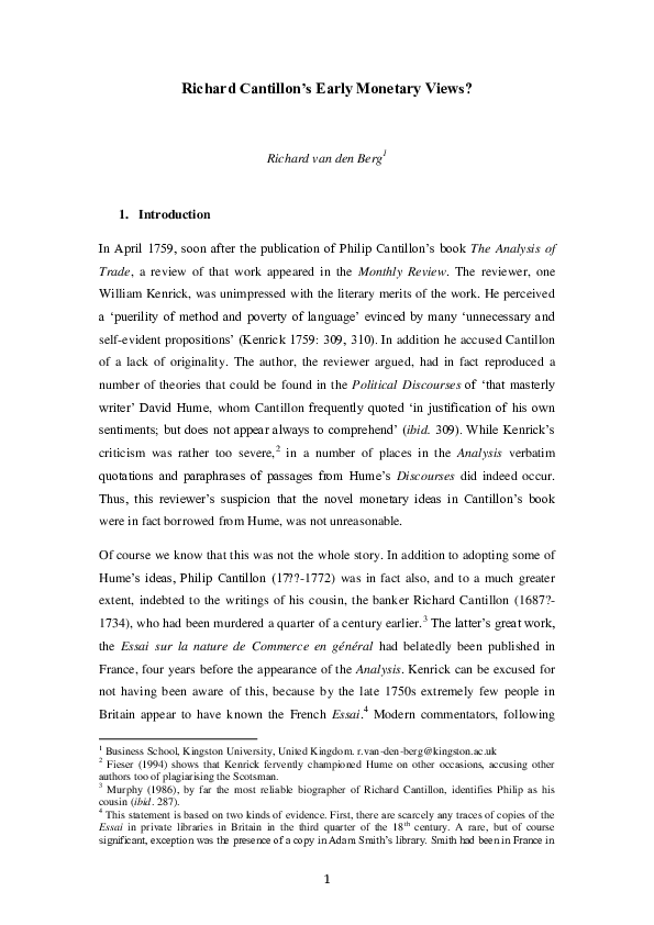 Richard Cantillon’s Early Monetary Views?