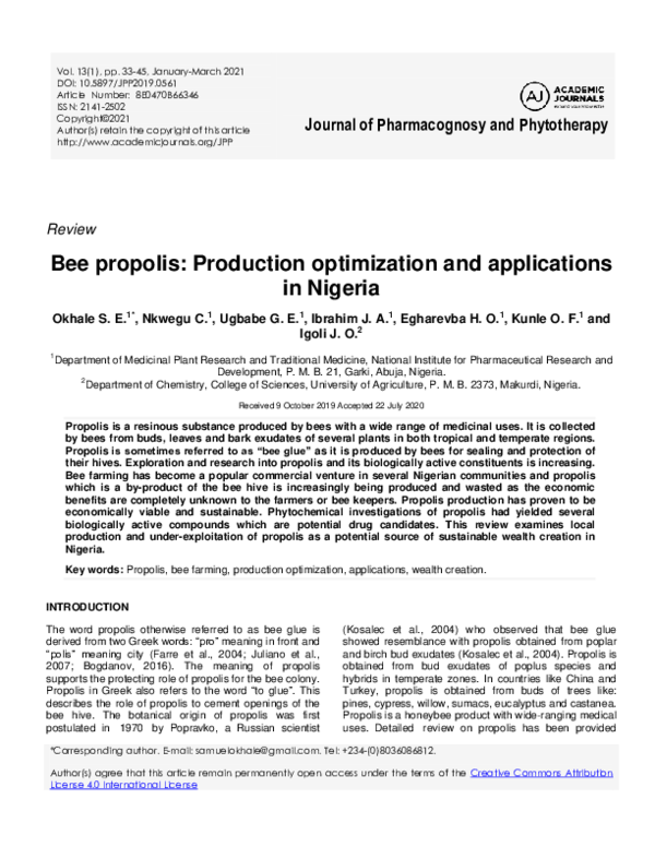 (PDF) Bee propolis: Production optimization and applications in Nigeria