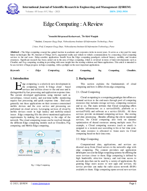 (PDF) Edge Computing : A Review