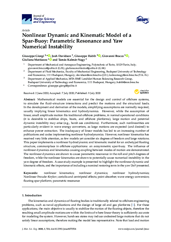 (PDF) Nonlinear Dynamic and Kinematic Model of a Spar-Buoy: Parametric ...