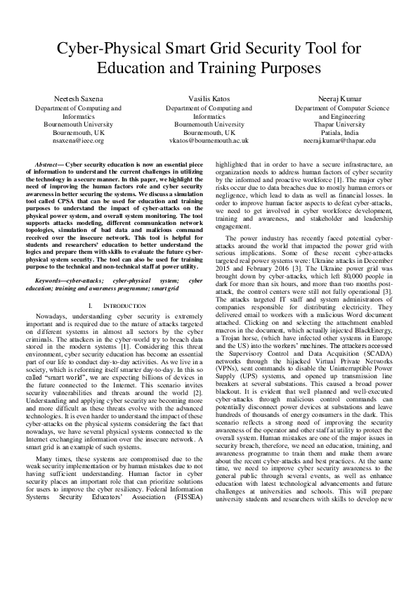 (PDF) Cyber-Physical Smart Grid Security Tool for Education and ...