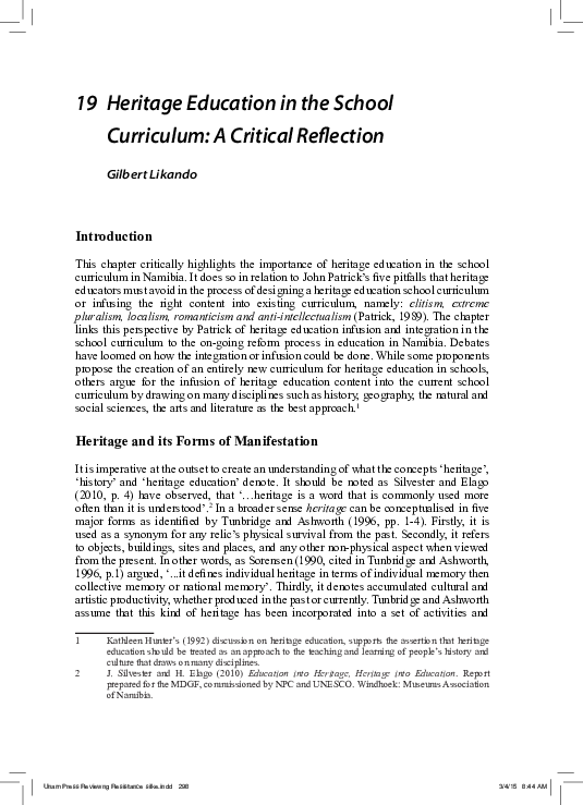 (PDF) Heritage education in the school curriculum: a critical reflection