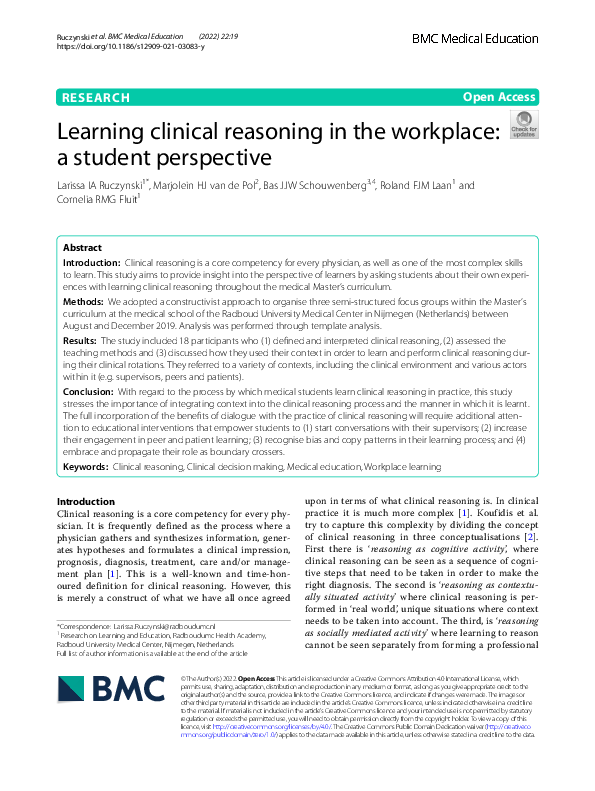 (PDF) Learning clinical reasoning in the workplace: a student perspective
