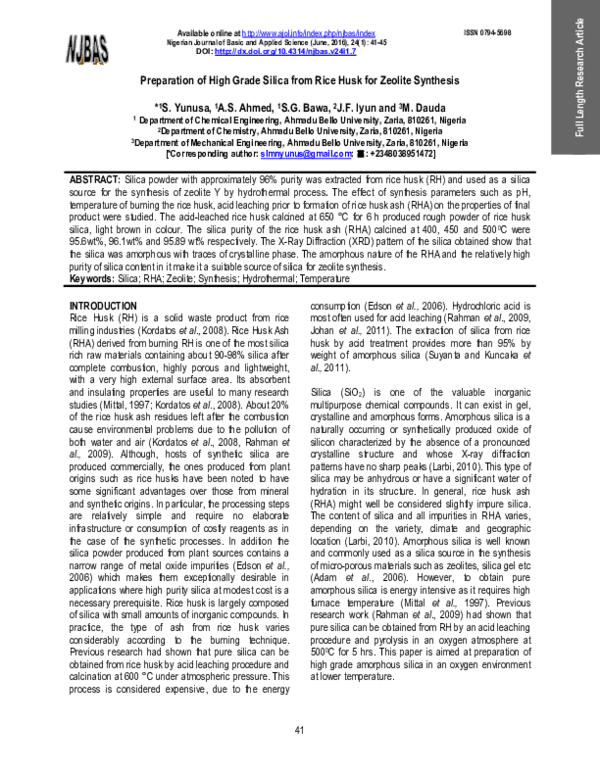 (PDF) Preparation of High Grade Silica from Rice Husk for Zeolite Synthesis