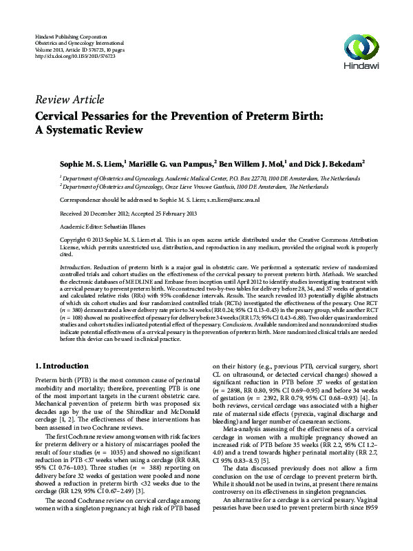 (PDF) Cervical pessaries for prevention of preterm birth in women with ...